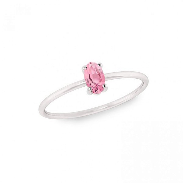 Anel solitário com  pedra oval rosa - Prata 925