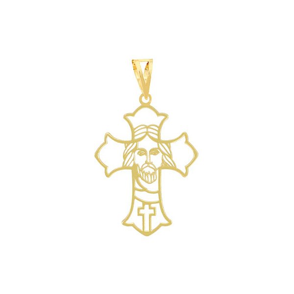 Pingente Unissex Crucifixo com Face de Cristo - Ouro 18k