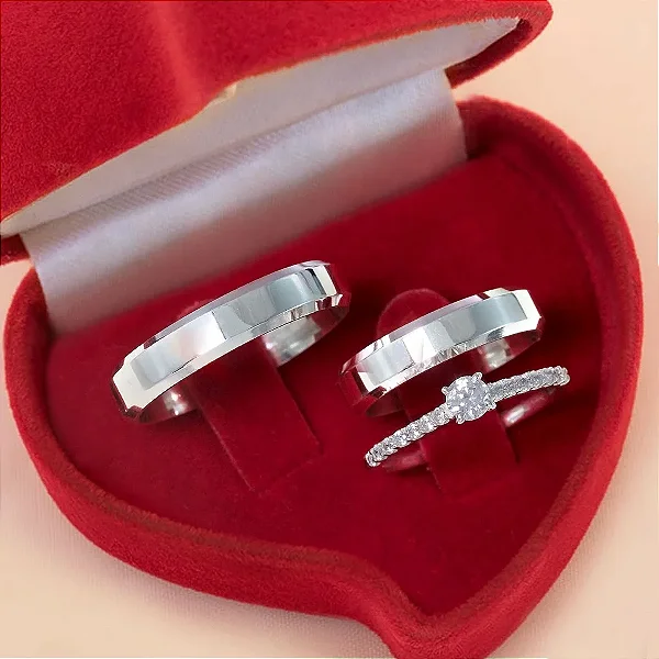 Par de alianças Gabriela 4mm de namoro + anel solitário Grecia prata 950