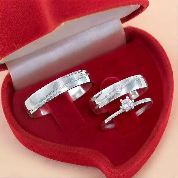 Par de alianças Nina 5mm de namoro + anel solitário Classic prata 950