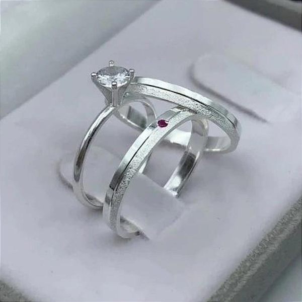 Par de Alianças Namoro Pedra Vermelha Prata 950 Cinderela 2mm