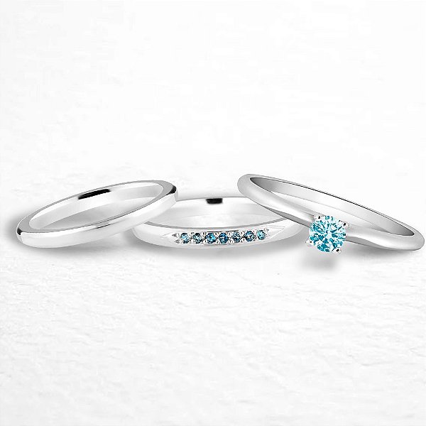 Par de alianças Mora 2mm Azul bebe de namoro + anel solitário Classic em prata 950