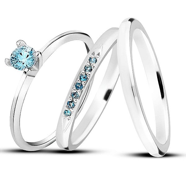 Par de alianças Mora 2mm Azul bebe de namoro + anel solitário Classic em prata 950