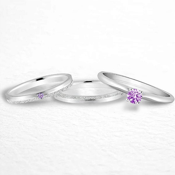 Par de Alianças Namoro Pedra Lilas (Roxa) Prata 950 Cinderela 2mm