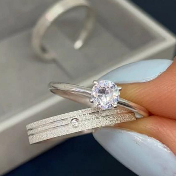 Par de Aianças 3mm de Namoro + Anel Solitário Classic em Prata 950