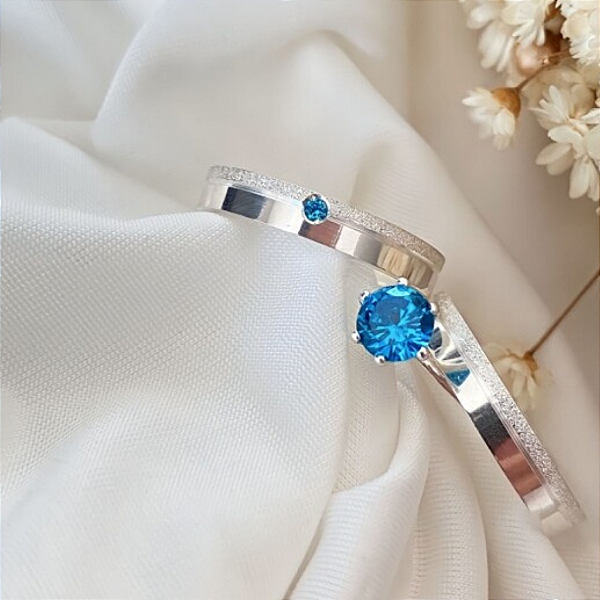 Par de alianças Namoro Pedra azul Prata 950 Cinderela 3mm