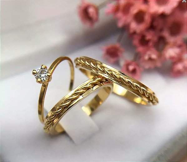 Par de alianças casamento Santorini 3mm de moeda antiga - Anel solitário Brinde