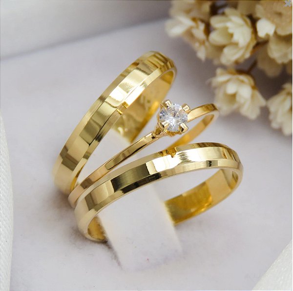 Par de alianças casamento Seul 3mm de moeda antiga - Anel solitário Brinde