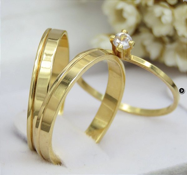 Par de alianças casamento Gênova 3mm de moeda antiga - Anel solitário Brinde