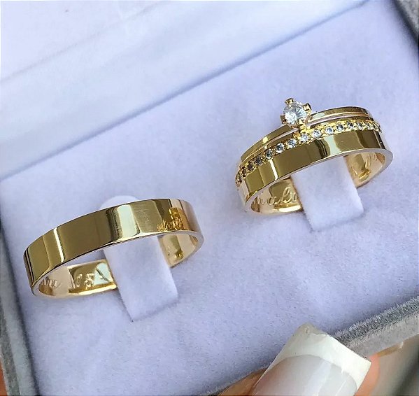 Par de alianças casamento Sofia 5mm de moeda antiga - Anel solitário Brinde