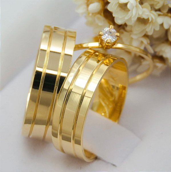 Par de alianças casamento Geneva 6mm de moeda antiga - Anel solitário Brinde