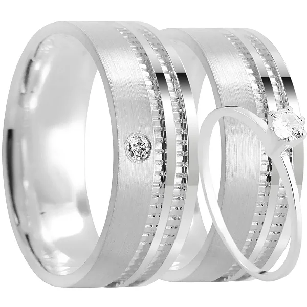 Par de alianças Alva 8mm de namoro + anel solitário prata 950
