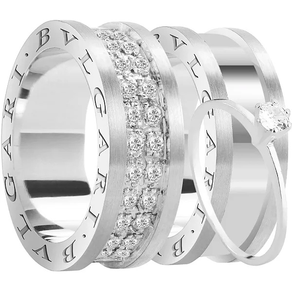 Par de alianças BVLGARI 10 mm de namoro + anel solitário prata 950