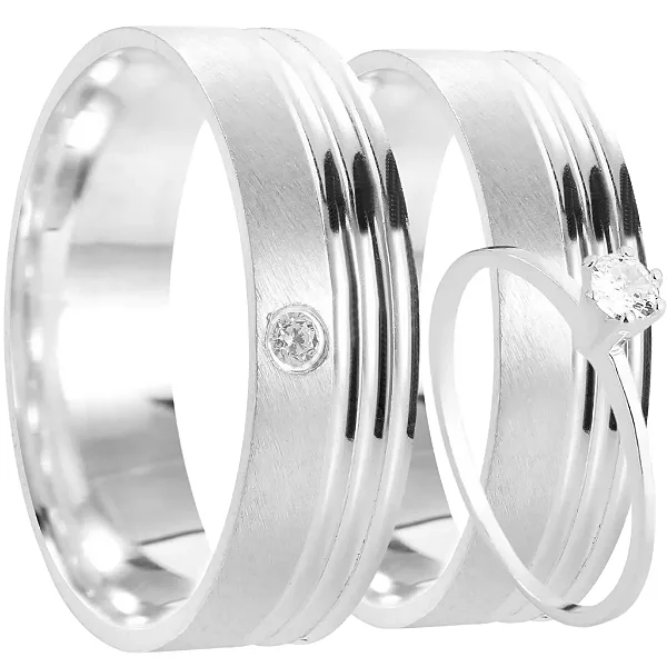 Par de alianças Eira 8mm de namoro + anel solitário prata 950
