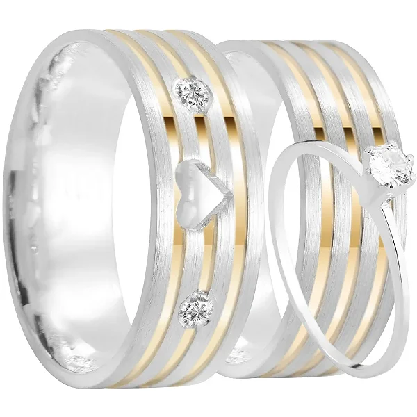 Par de alianças Heartfelt Emotions 8mm de namoro + anel solitário prata 950