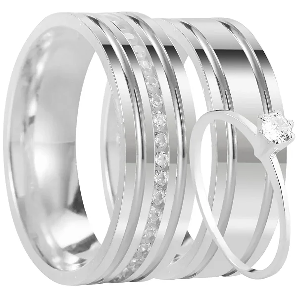 Par de alianças Hilde 8mm de namoro + anel solitário prata 950