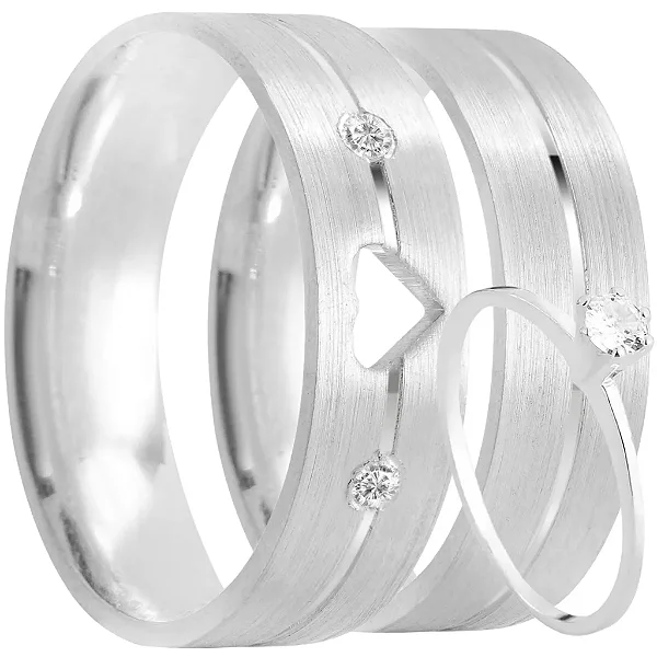 Par de alianças Love Sentiments 6mm de namoro + anel solitário prata 950