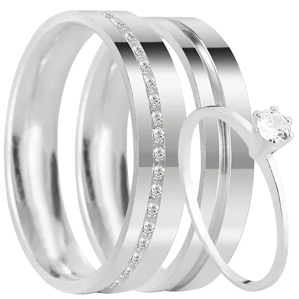 Par de alianças Marisol 6mm de namoro + anel solitário prata 950