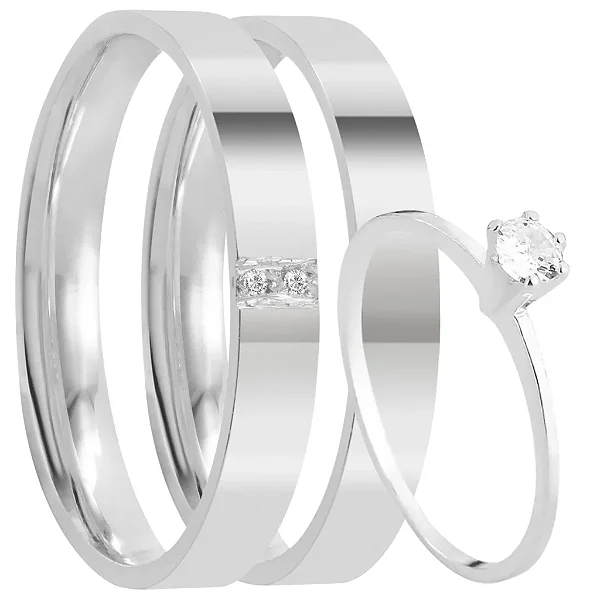 Par de alianças Merida 4mm de namoro + anel solitário prata 950