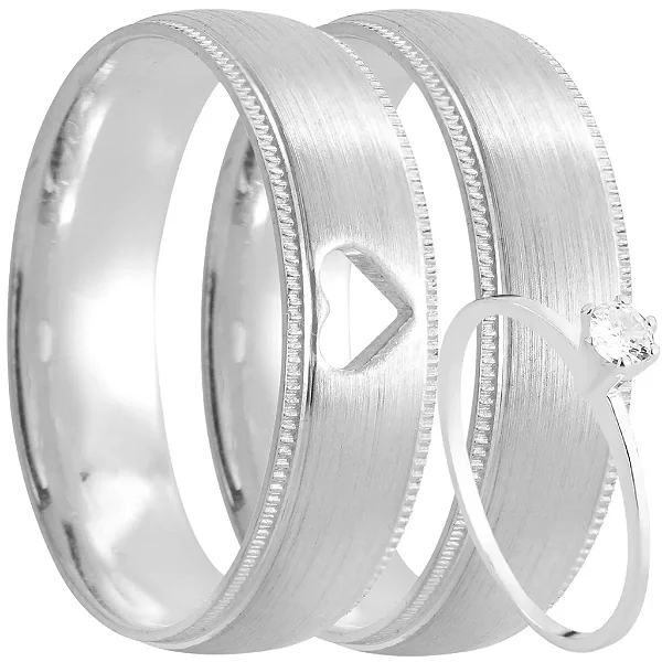 Par de alianças Timeless Love 8mm de namoro + anel solitário prata 950