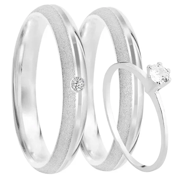 Par de alianças Suiça 4mm de namoro + anel solitário prata 950