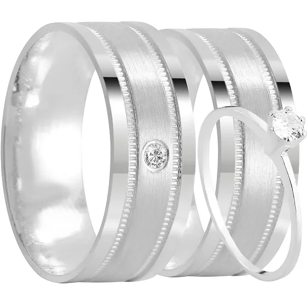 Par de alianças Runa 8mm de namoro + anel solitário prata 950