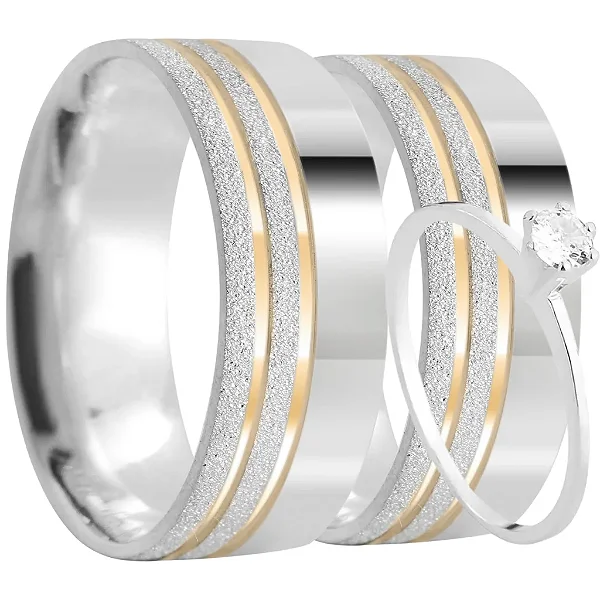 Par de alianças Valquíria 8mm de namoro + anel solitário prata 950