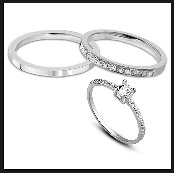 ALIANÇAS DE NAMORO PRATA 950 2mm CHANFRADA MINIMALISTA COM ANEL CRAVEJADO DE COMPROMISSO