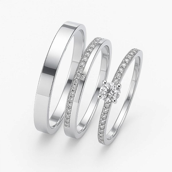 Par de Alianças Sele 4mm de Namoro Anel Solitário Prata 950