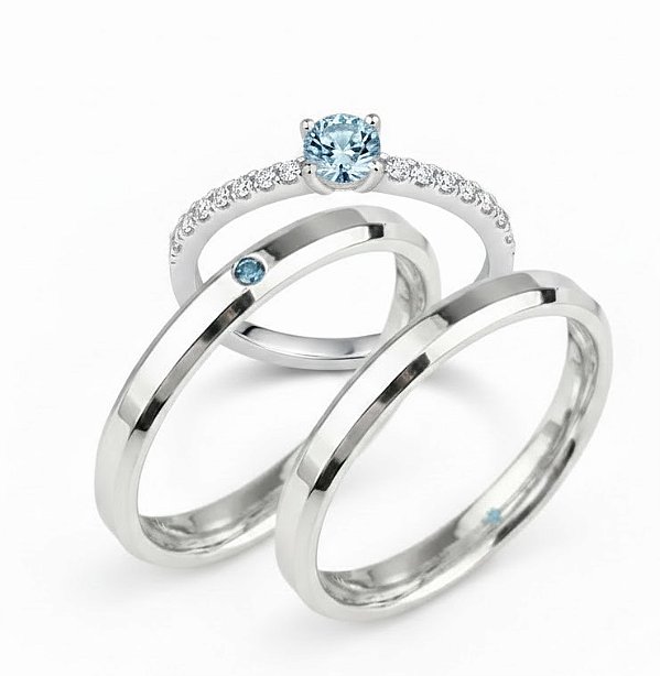 ALIANÇAS DE NAMORO EM PRATA 950 COM ANEL SOLITARIO AZUL CLARO