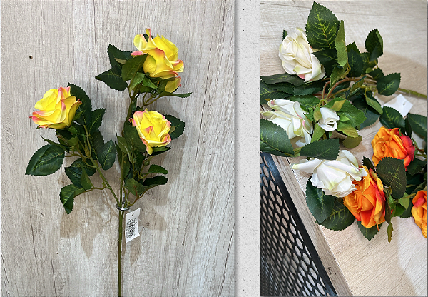 Galho Artificial de Rosas – Ref. 80015 Galho com três flores médias e folhagem verde. Acabamento natural e cores vivas.