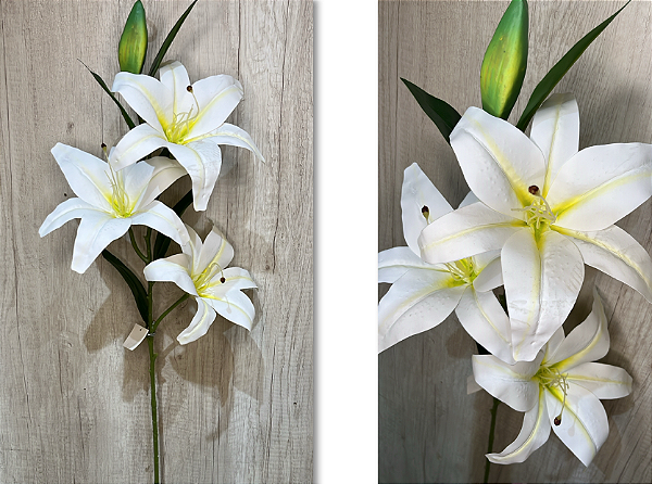 Galho Artificial de Lírio Pequeno – Ref. 93029 (versão menor) Galho com flores médias e botões delicados, folhagem verde