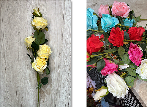 Galho Artificial de Rosas – Ref. 71036 Galho longo com três flores grandes e botões menores, folhagem verde e acabamento