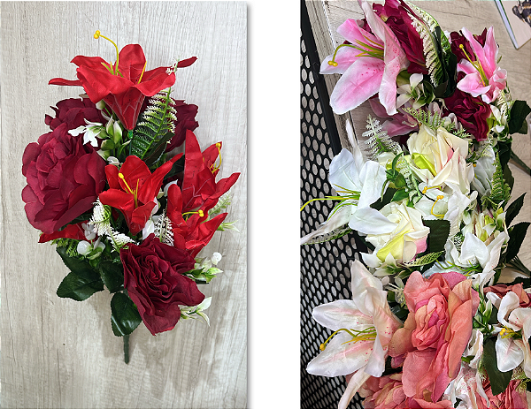 Buquê Artificial de Lírios e Rosas – Ref. 94005 Buquê com combinação de lírios e rosas grandes, folhagem verde e detalhe