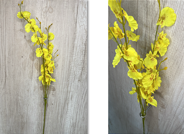 Galho Artificial de Orquídea Oncidium – Ref. W-07 Galho longo com flores amarelas vibrantes e detalhes realistas nas pét