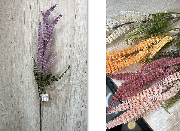 Galho Artificial de Lavanda – Ref. 94011 Galho com hastes longas e flores delicadas em formato espigado, folhagem verde