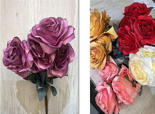 Buquê Artificial de Rosas – Ref. 71012 Buquê com rosas grandes e realistas, pétalas aveludadas e folhagem verde escura.