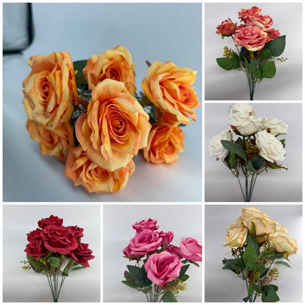 Buquê Artificial de Rosas – Ref. 93053 Buquê com rosas grandes e realistas, pétalas em camadas e folhagem verde com deta