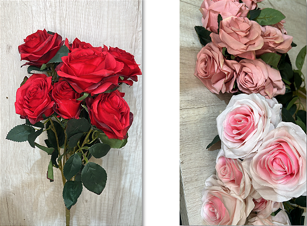 Buquê Artificial de Rosas – Ref. 780004 Buquê com rosas grandes e realistas, pétalas aveludadas e folhagem verde detalha