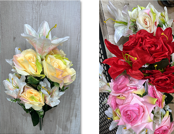 Buquê Artificial de Lírios e Rosas – Ref. 94006 Combinação elegante de lírios e rosas com pétalas realistas e folhagem v