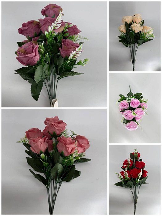 Buquê Artificial de Rosas – Ref. 71011 Flores com pétalas aveludadas e folhagem verde. Cores: Roxo, Branco, Vermelho, Li