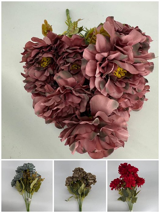 Buquê Artificial de Dália – Ref. 93067 Flores grandes e cheias, com pétalas em camadas e folhagem verde natural. Cores: