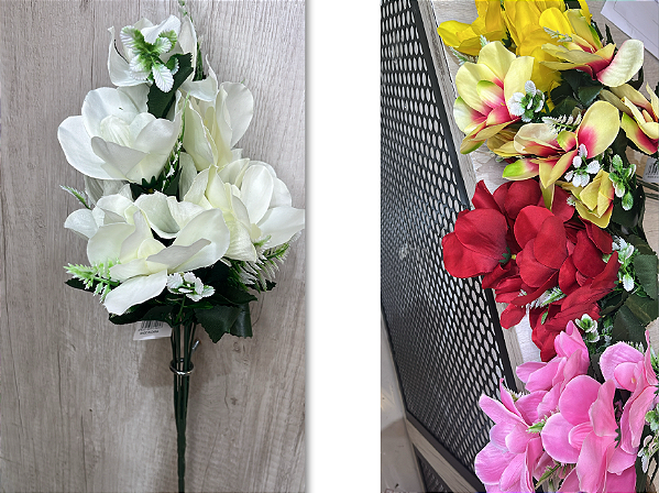 Buquê Artificial de Orquídeas – Ref. 71005 Flores com pétalas delicadas e folhagem verde, ideais para arranjos elegantes