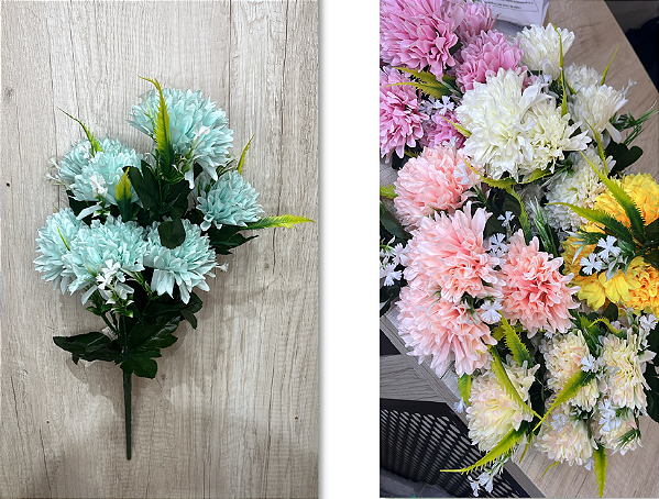 Buquê Artificial de Dália – Ref. 71007 Flores volumosas com pétalas macias e folhagem verde. Cores: Verde Água, Rosa, Br