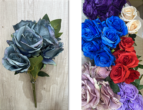 Buquê Artificial de Rosas – Ref. 93002 Flores com pétalas grandes e realistas, folhagem verde e caule reforçado. Cores: