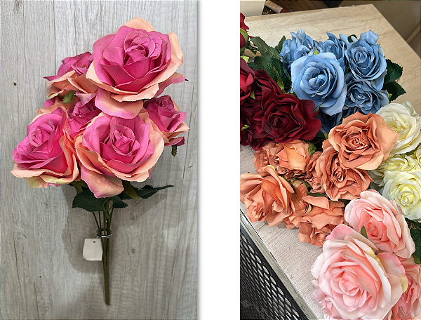Buquê Artificial de Rosas Grandes – Ref. 93098 Cores: Pink, Vermelho, Azul, Pêssego, Branco e Rosa.