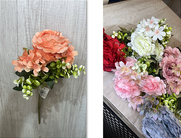 Buquê Artificial de Rosas e Dálias – Ref. 93069 Flores com pétalas delicadas e botões verdes, acabamento realista e folh