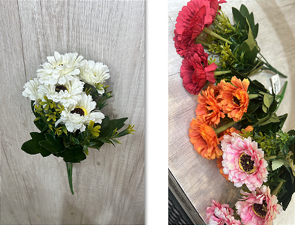 Buquê Artificial de Gérberas – Ref. 93047 Flores com pétalas vibrantes e folhagem verde. Cores: Branco, Vermelho, Laranj