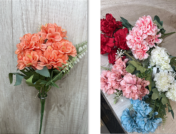 Buquê Artificial de Hortênsias – Ref. 93039 Flores volumosas com acabamento realista e folhagem verde. Cores: Vermelho,