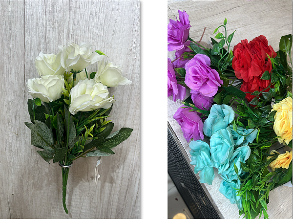 Buquê Artificial de Rosas – Ref. 1281-2 Flores com acabamento aveludado e folhagem verde. Cores: Branco, Roxo, Vermelho,
